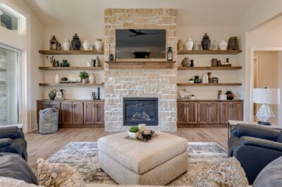 Santa Fe - Great Room with fireplace and lower cabinets on either side